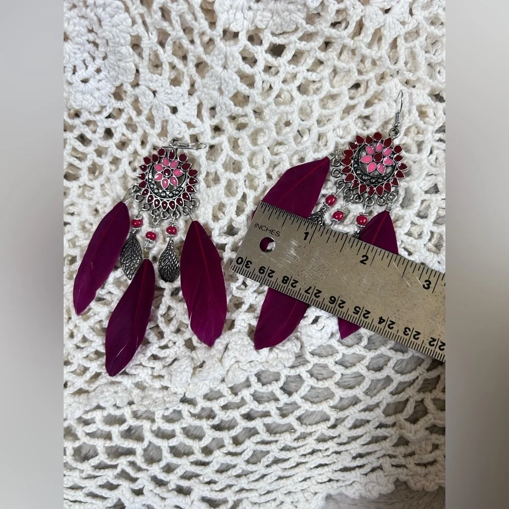 Feather Earrings Boho Vibrant Magenta Burgundy Silver Tone Chandelier Enamel